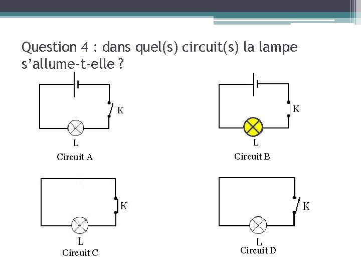 Question 4 : dans quel(s) circuit(s) la lampe s’allume-t-elle ? Circuit A Circuit C