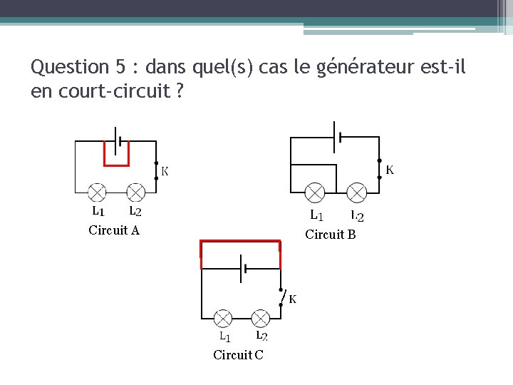 Question 5 : dans quel(s) cas le générateur est-il en court-circuit ? Circuit A