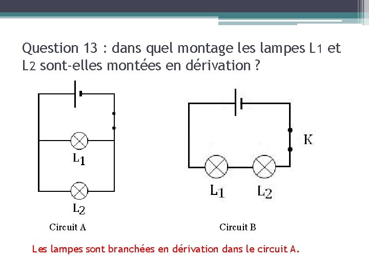 Question 13 : dans quel montage les lampes L 1 et L 2 sont-elles