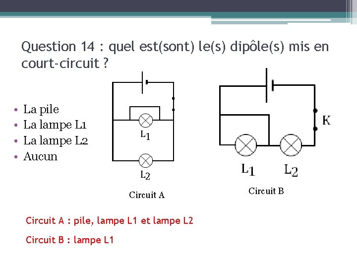Question 14 : quel est(sont) le(s) dipôle(s) mis en court-circuit ? • • La