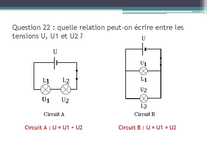 Question 22 : quelle relation peut-on écrire entre les tensions U, U 1 et