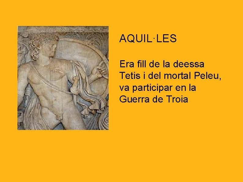 AQUIL·LES Era fill de la deessa Tetis i del mortal Peleu, va participar en
