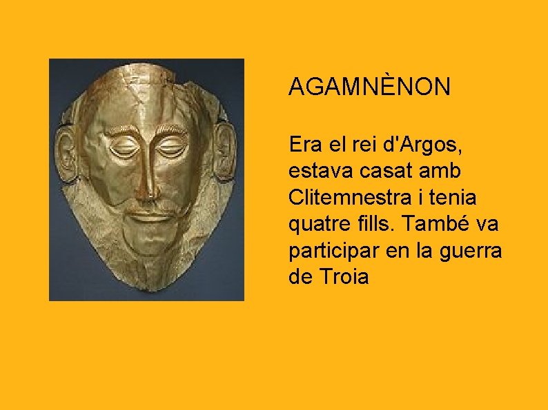 AGAMNÈNON Era el rei d'Argos, estava casat amb Clitemnestra i tenia quatre fills. També