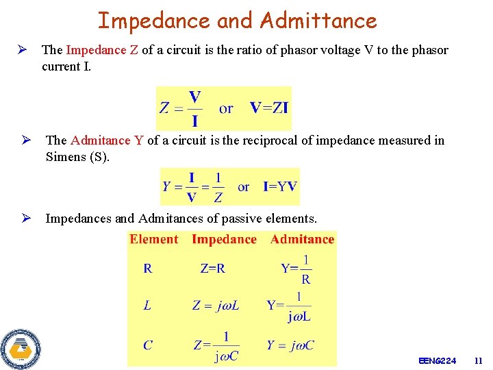 Impedance and Admittance Ø The Impedance Z of a circuit is the ratio of