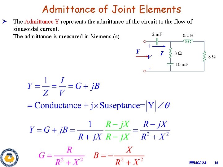Admittance of Joint Elements Ø The Admittance Y represents the admittance of the circuit