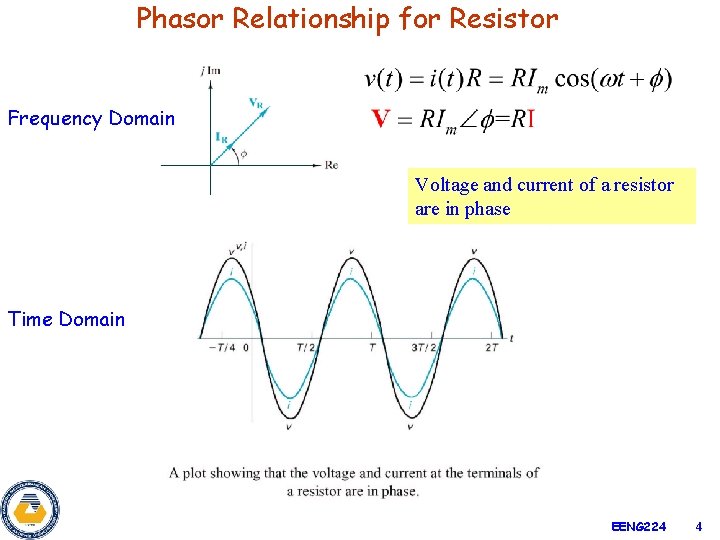 Phasor Relationship for Resistor Frequency Domain Voltage and current of a resistor are in