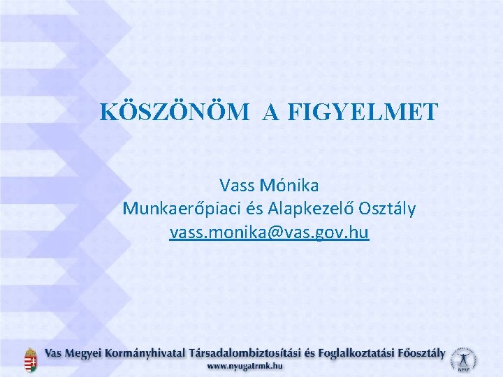 KÖSZÖNÖM A FIGYELMET Vass Mónika Munkaerőpiaci és Alapkezelő Osztály vass. monika@vas. gov. hu 