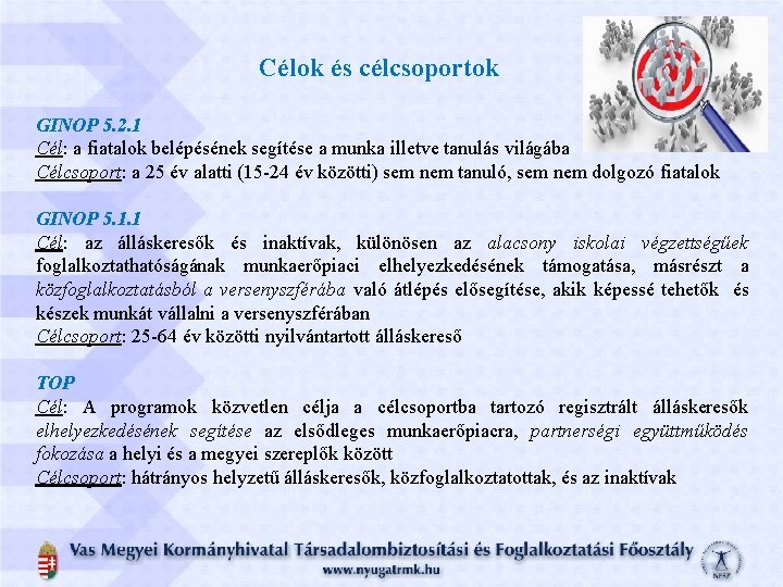 Célok és célcsoportok GINOP 5. 2. 1 Cél: a fiatalok belépésének segítése a munka