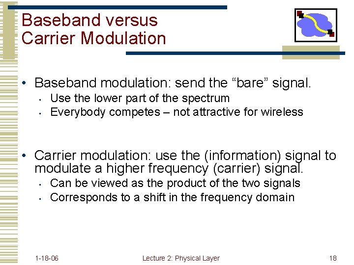 Baseband versus Carrier Modulation • Baseband modulation: send the “bare” signal. • • Use