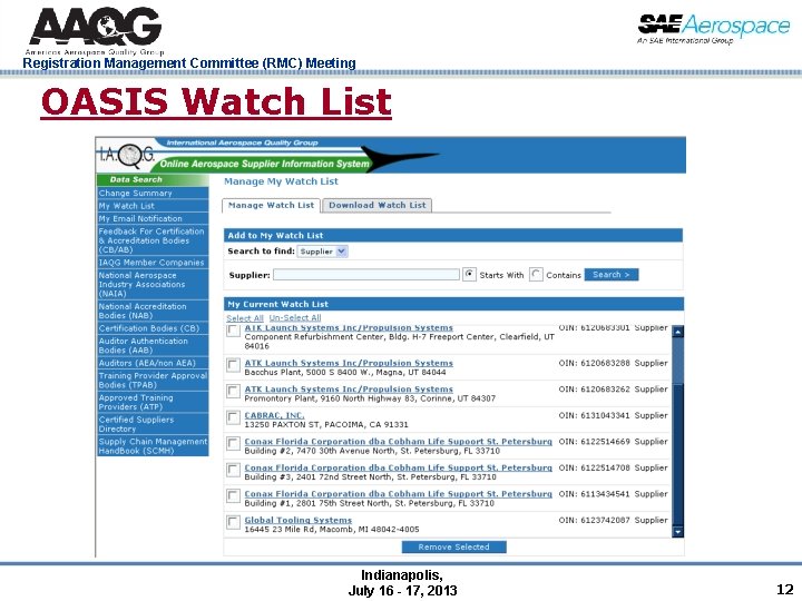 Registration Management Committee (RMC) Meeting OASIS Watch List Indianapolis, July 16 - 17, 2013