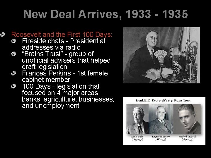 New Deal Arrives, 1933 - 1935 Roosevelt and the First 100 Days: Fireside chats