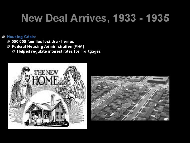 New Deal Arrives, 1933 - 1935 Housing Crisis: 500, 000 families lost their homes