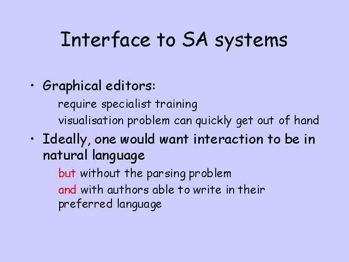 Interface to SA systems • Graphical editors: require specialist training visualisation problem can quickly