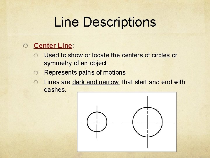 Line Descriptions Center Line: Used to show or locate the centers of circles or