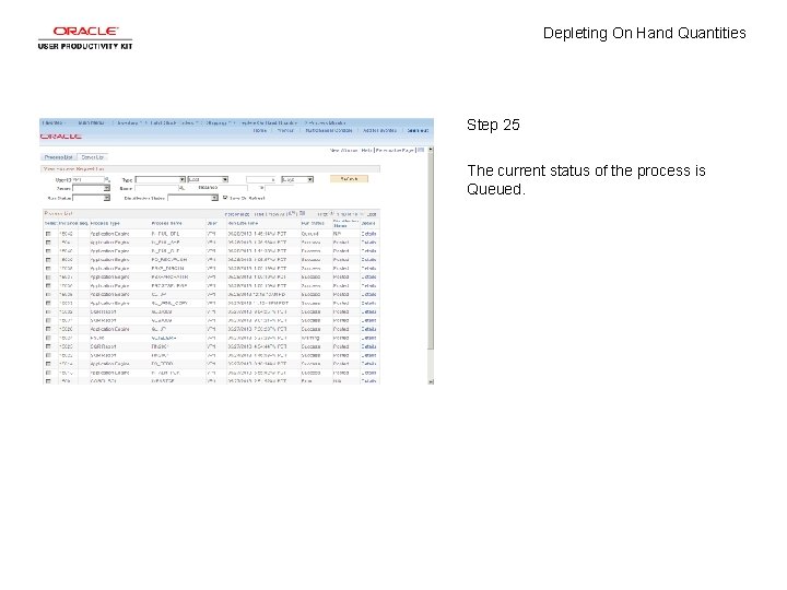 Depleting On Hand Quantities Step 25 The current status of the process is Queued.