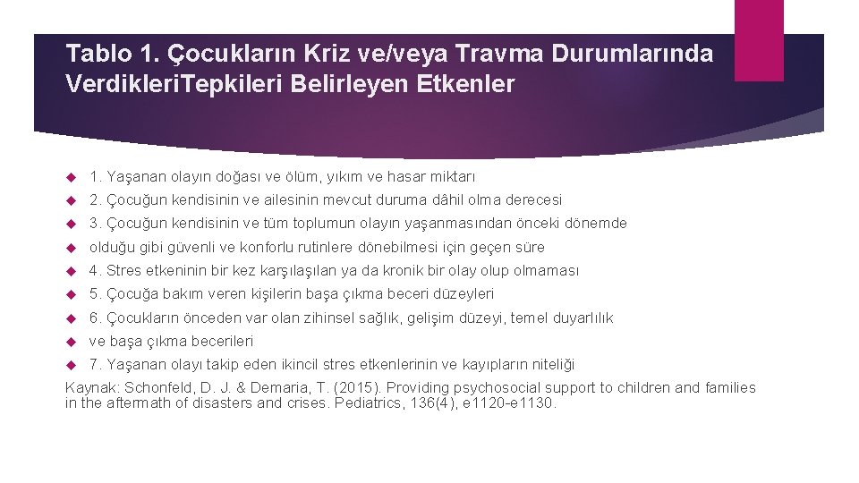 Tablo 1. Çocukların Kriz ve/veya Travma Durumlarında Verdikleri. Tepkileri Belirleyen Etkenler 1. Yaşanan olayın