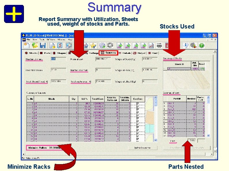 Summary Report Summary with Utilization, Sheets used, weight of stocks and Parts. Minimize Racks