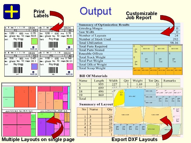 Print Labels Multiple Layouts on single page Output Customizable Job Report Export DXF Layouts