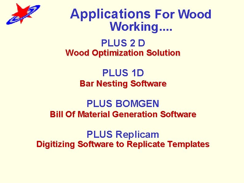 Applications For Wood Working. . PLUS 2 D Wood Optimization Solution PLUS 1 D