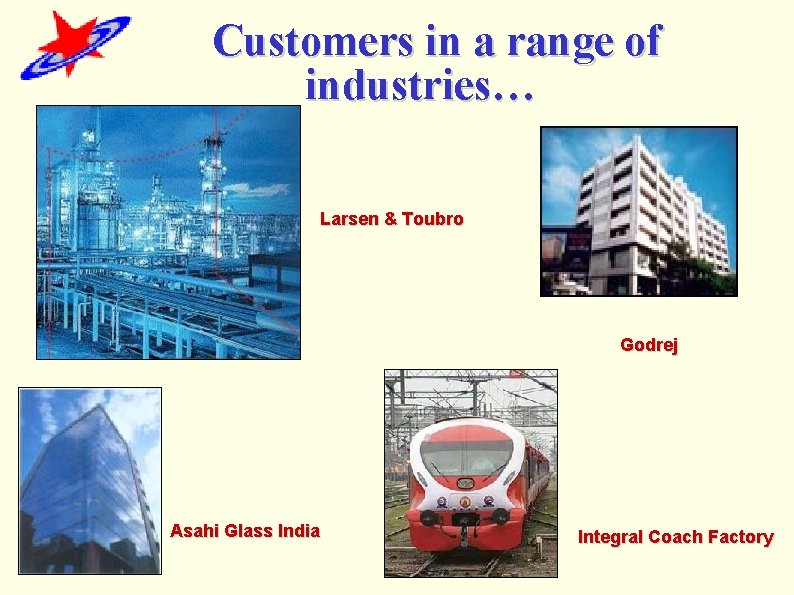 Customers in a range of industries… Larsen & Toubro Godrej Asahi Glass India Integral