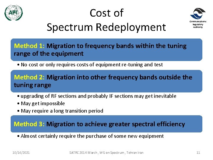Cost of Spectrum Redeployment Communications Regulatory Authority Method 1: Migration to frequency bands within Cost of Spectrum Redeployment Communications Regulatory Authority Method 1: Migration to frequency bands within