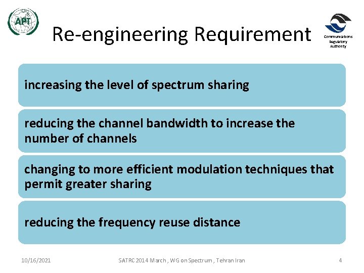 Re-engineering Requirement Communications Regulatory Authority increasing the level of spectrum sharing reducing the channel Re-engineering Requirement Communications Regulatory Authority increasing the level of spectrum sharing reducing the channel