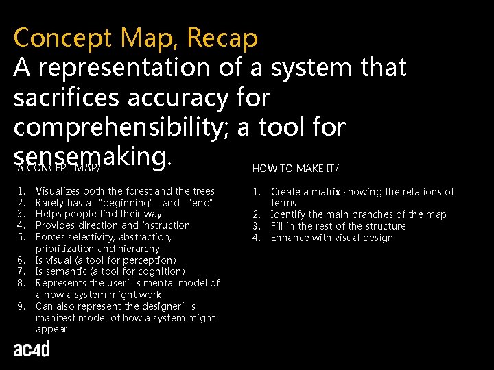 Concept Map, Recap A representation of a system that sacrifices accuracy for comprehensibility; a