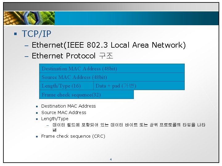 § TCP/IP – Ethernet(IEEE 802. 3 Local Area Network) – Ethernet Protocol 구조 Destination