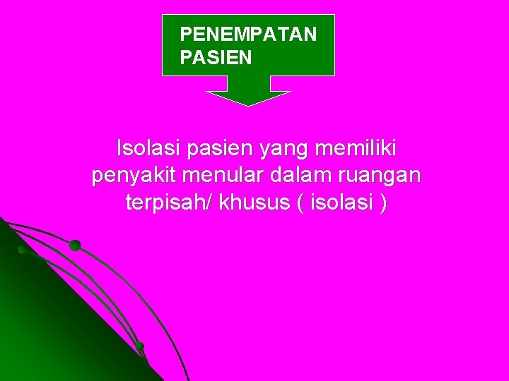 PENEMPATAN PASIEN Isolasi pasien yang memiliki penyakit menular dalam ruangan terpisah/ khusus ( isolasi