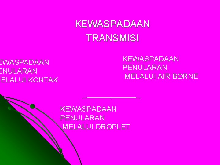 EWASPADAAN ENULARAN MELALUI KONTAK KEWASPADAAN TRANSMISI KEWASPADAAN PENULARAN MELALUI AIR BORNE KEWASPADAAN PENULARAN MELALUI