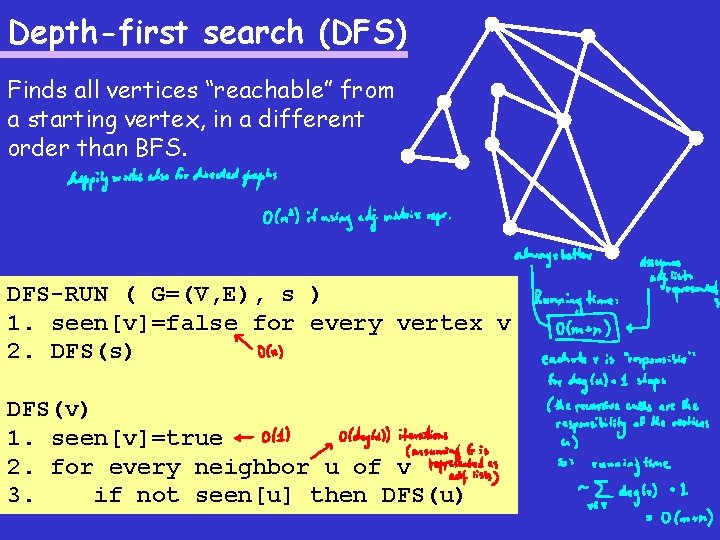 Depth-first search (DFS) Finds all vertices “reachable” from a starting vertex, in a different