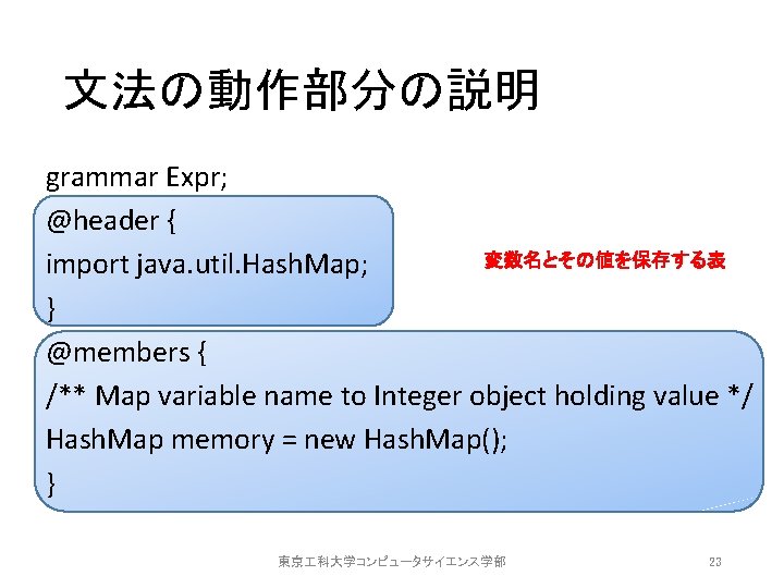 文法の動作部分の説明 grammar Expr; @header { 変数名とその値を保存する表 import java. util. Hash. Map; } @members {