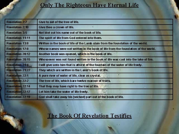 Only The Righteous Have Eternal Life Revelation 2: 7 Give to eat of the