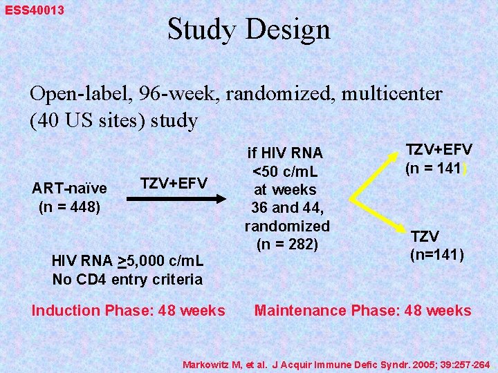 ESS 40013 Study Design Open-label, 96 -week, randomized, multicenter (40 US sites) study ART-naïve