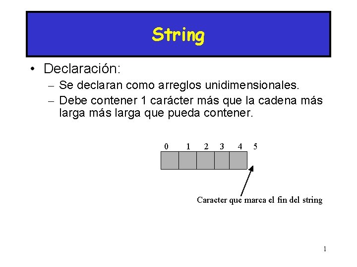 String • Declaración: – Se declaran como arreglos unidimensionales. – Debe contener 1 carácter