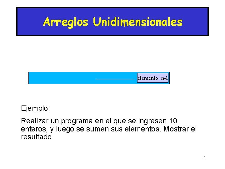 Arreglos Unidimensionales elemento n-1 Ejemplo: Realizar un programa en el que se ingresen 10