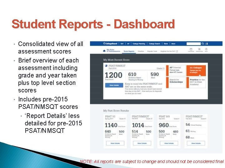 Student Reports - Dashboard • Consolidated view of all assessment scores • Brief overview