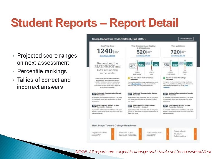 Student Reports – Report Detail • Projected score ranges on next assessment • Percentile