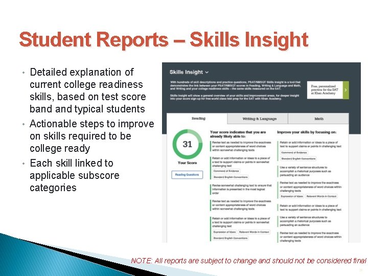Student Reports – Skills Insight • Detailed explanation of current college readiness skills, based