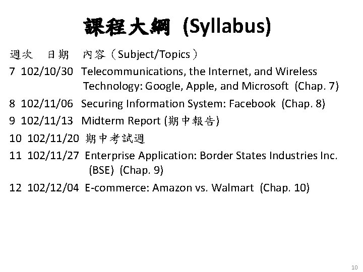 課程大綱 (Syllabus) 週次 日期 內容（Subject/Topics） 7 102/10/30 Telecommunications, the Internet, and Wireless Technology: Google,