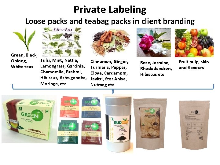 Private Labeling Loose packs and teabag packs in client branding Green, Black, Tulsi, Mint,