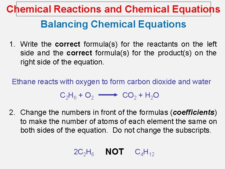 Chemical Reactions and Chemical Equations Balancing Chemical Equations 1. Write the correct formula(s) for