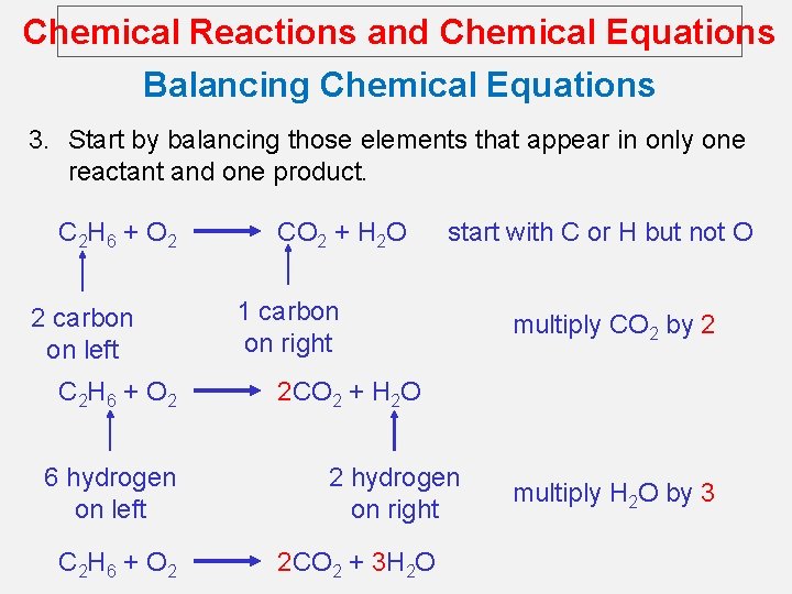 Chemical Reactions and Chemical Equations Balancing Chemical Equations 3. Start by balancing those elements