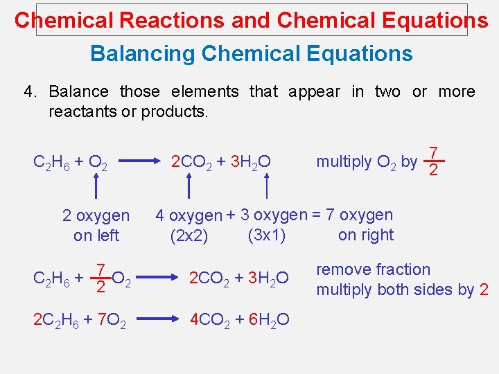 Chemical Reactions and Chemical Equations Balancing Chemical Equations 4. Balance those elements that appear
