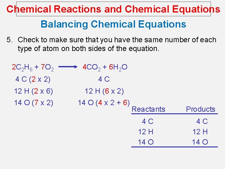 Chemical Reactions and Chemical Equations Balancing Chemical Equations 5. Check to make sure that