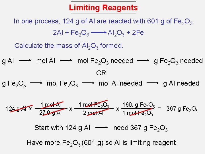 Limiting Reagents In one process, 124 g of Al are reacted with 601 g