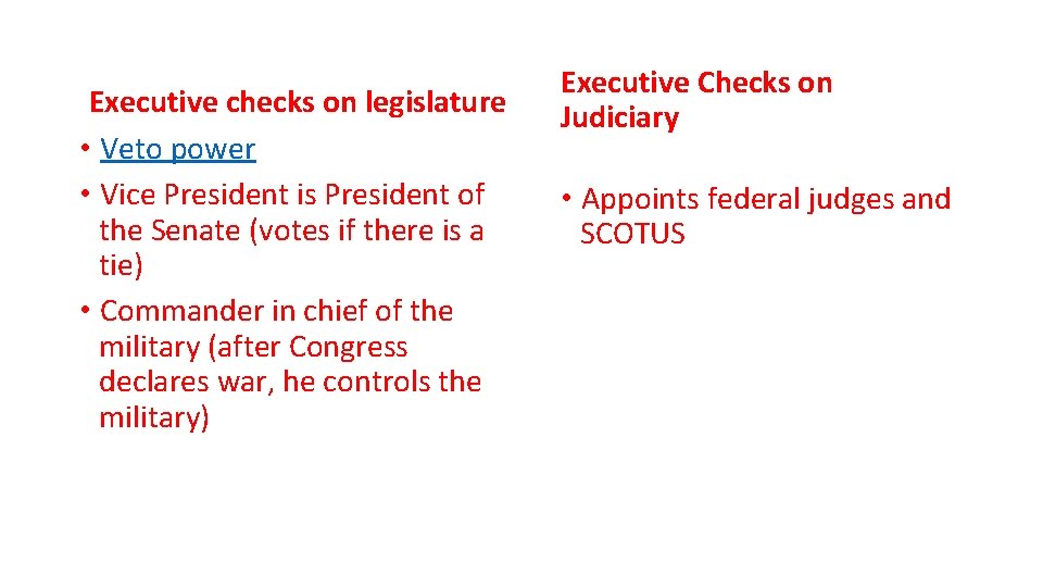 Executive checks on legislature • Veto power • Vice President is President of the