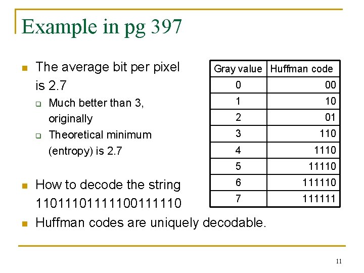 Example in pg 397 n The average bit per pixel is 2. 7 q