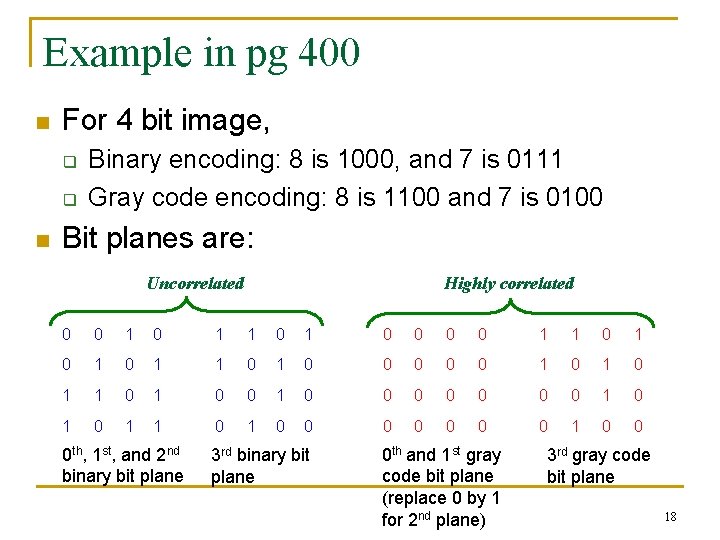 Example in pg 400 n For 4 bit image, q q n Binary encoding: