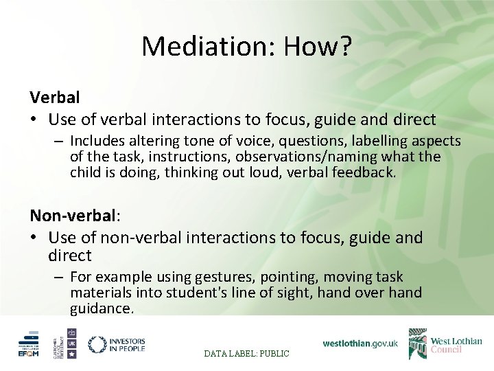 Mediation: How? Verbal • Use of verbal interactions to focus, guide and direct –